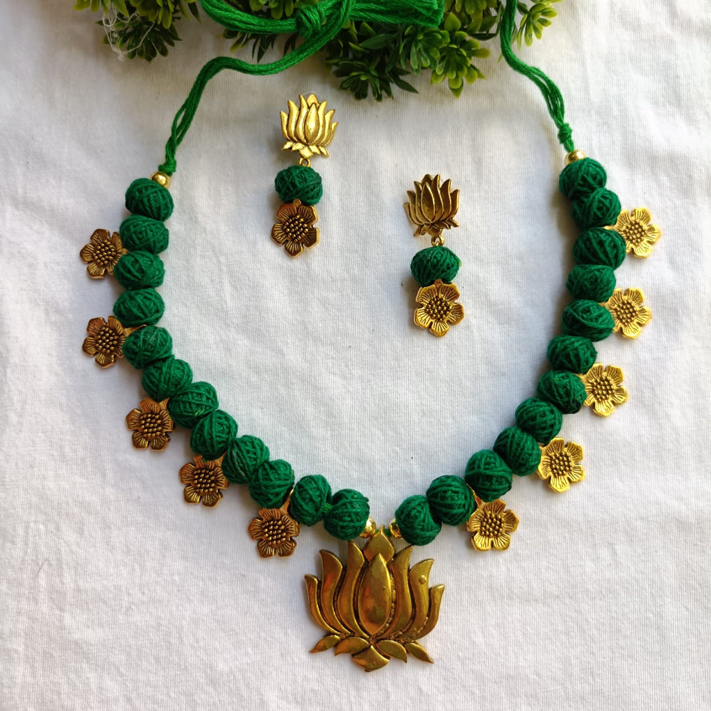 Surbhi Antique Green Lotus Necklace Set