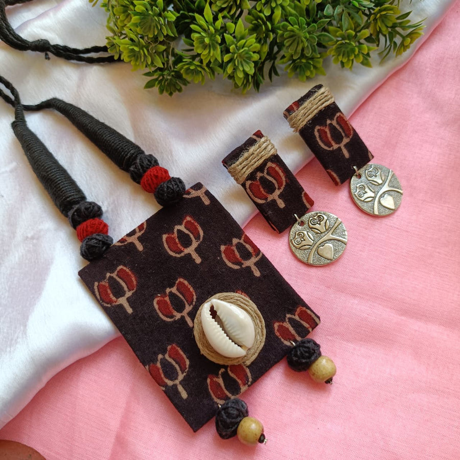 Pitambar Black Ajrakh Long Necklace Set